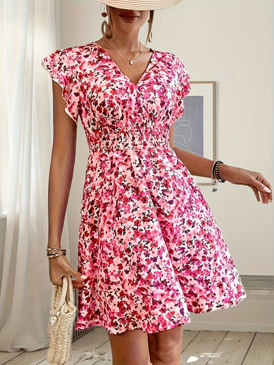 Elegantes A-Linien-Kleid – Blumenmuster, Kreuzhalsausschnitt, luftig