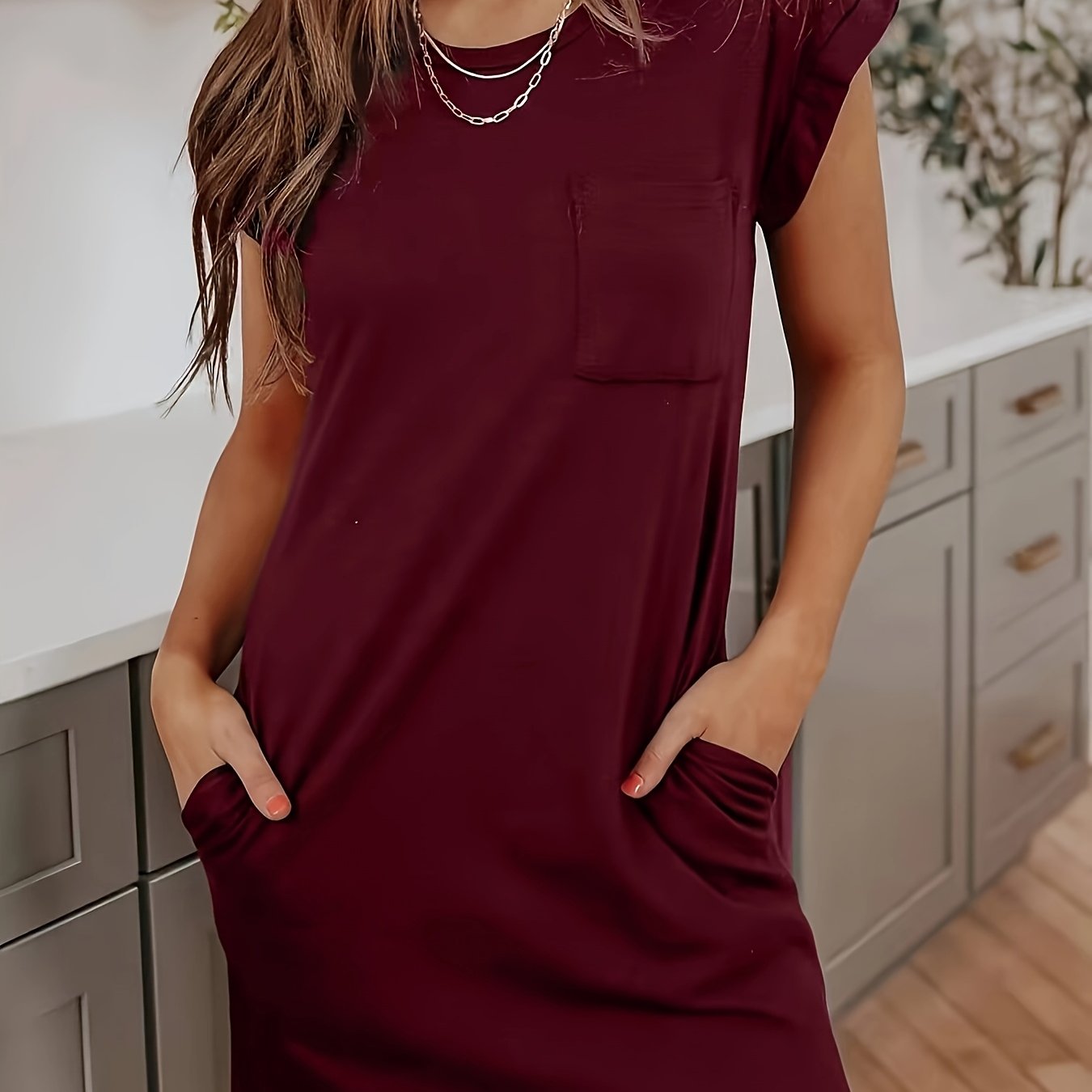 Damen Midikleid für den Alltag mit Fledermausärmeln und praktischen Taschen
