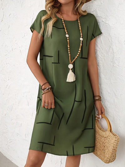 Midi-Kleid mit kurzen Ärmeln und Linienmuster – Grün