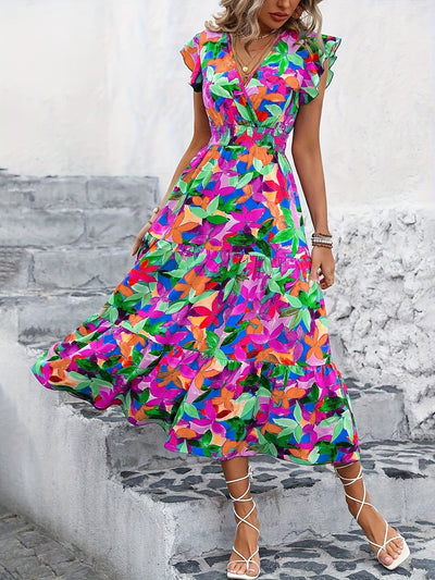Stilvolles Maxikleid mit Blumenmuster, V-Ausschnitt und gerafftem Rock