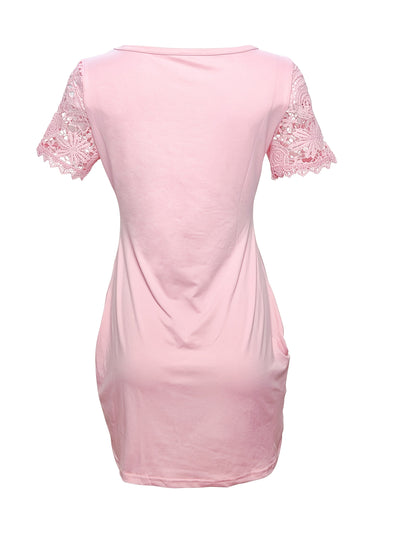 Frühling Sommer Einfarbiges, figurbetontes Kleid mit Spitzenärmeln