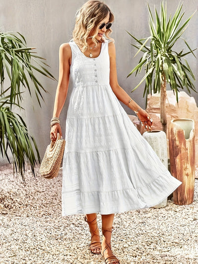 Weißes Maxi Kleid ohne Ärmel mit U-Ausschnitt, Volants und Knöpfen – Einfach für Frühling/Sommer