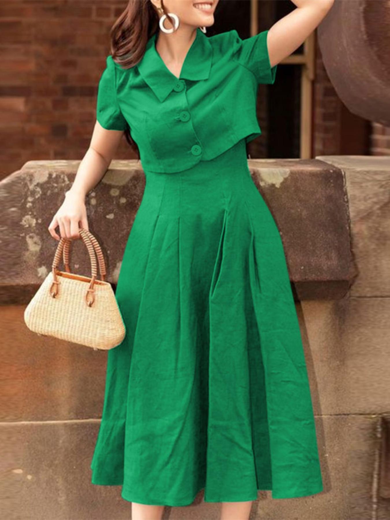 Elegantes Damen-Set: Jacke mit Kragen + plissiertes Sommerkleid