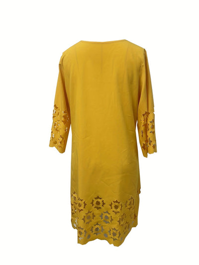 Gelbes Damenkleid – Schlichtes, Luftiges Sommerkleid mit Ajourmuster im A-Linien-Schnitt
