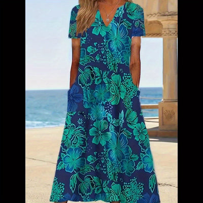 Grünes geblümtes Kleid mit V-Ausschnitt - kurze Ärmel einfarbig