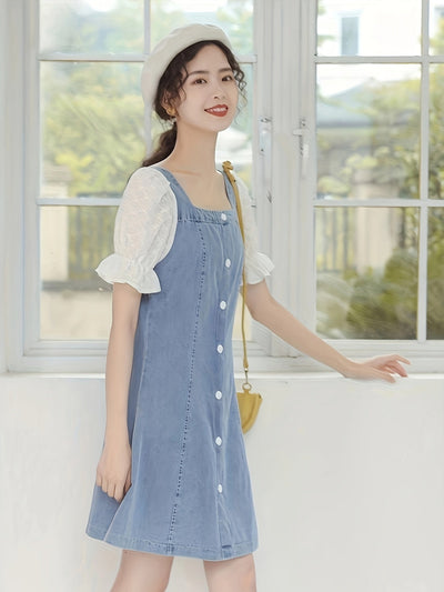 Damen Vintage Denim Kleid mit quadratischem Ausschnitt