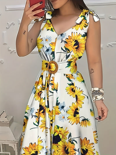 Ärmelloses Midi-Kleid mit Sonnenblumenmuster und Gürtel – Sommerkleid