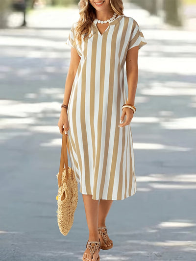 Elegantes Midikleid mit V-Ausschnitt und Streifen – in Beige und Weiß