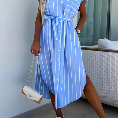 Elegante Tunika mit Streifen und Gürtel, blaues Sommerkleid