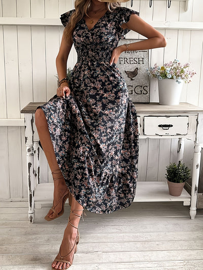 Gerafftes A-Linien-Kleid mit Rüschensleeves und Blumendruck
