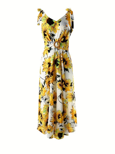Ärmelloses Midi-Kleid mit Sonnenblumenmuster und Gürtel – Sommerkleid