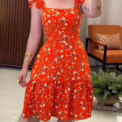 Ärmelloses Damenkleid mit roten Blumen, quadratischer Ausschnitt Fluid-Schnitt