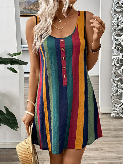 Ärmelloses Kleid mit bunten Streifen und Knöpfen