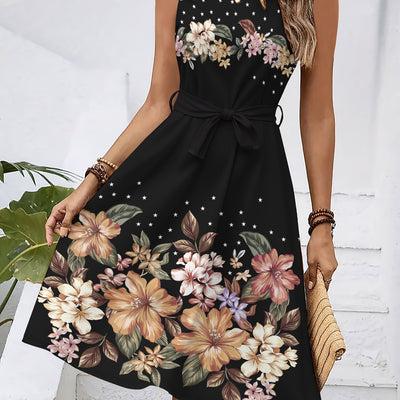 Ärmelloses Damenkleid mit Blumenmuster und Gürtel – Sternennacht-Motiv