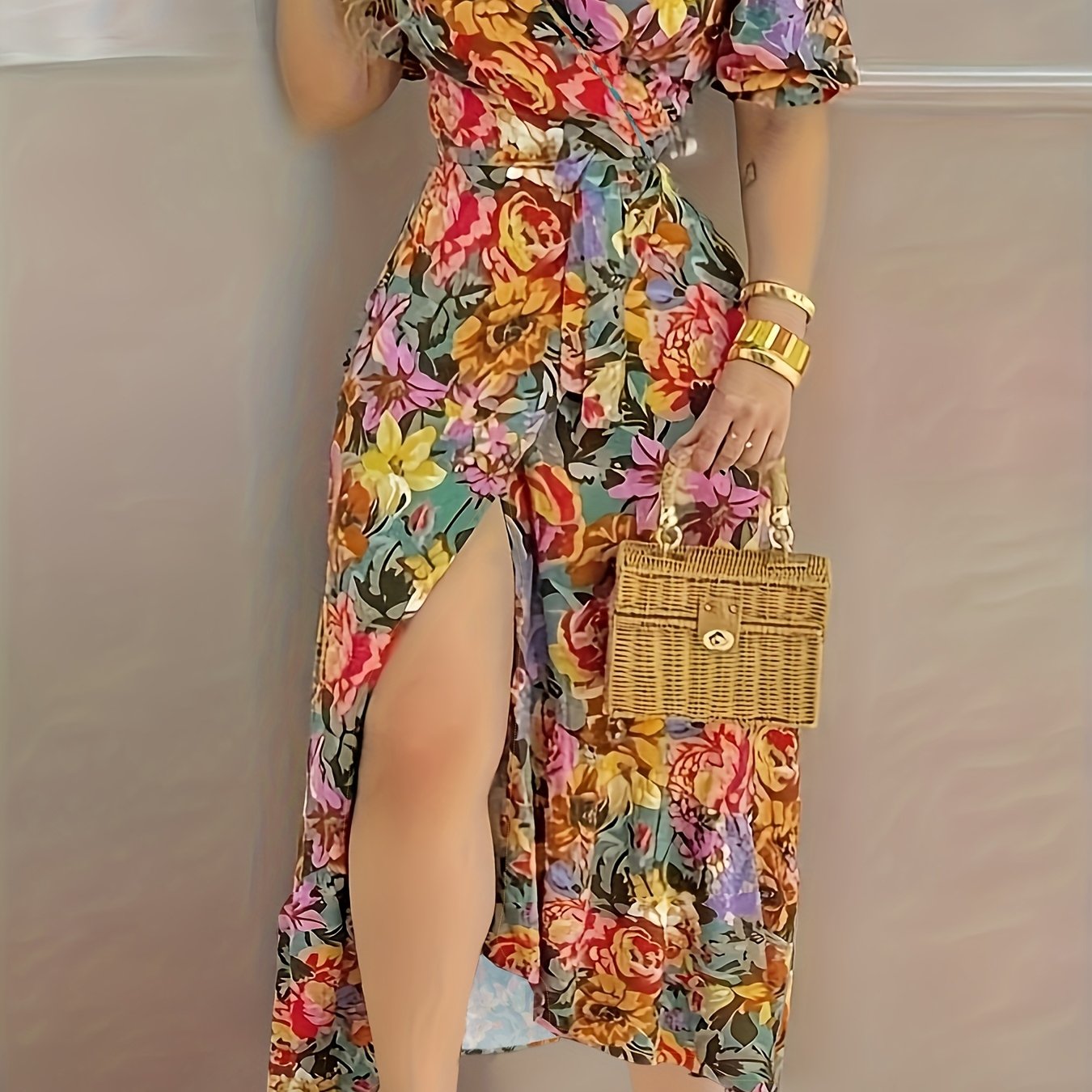 Trägerloses geblümtes Maxikleid mit Laternenärmeln und Gürtel