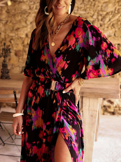 Midi-Kleid mit Blumenmuster, V-Ausschnitt und Gürtel im A-Linien-Schnitt