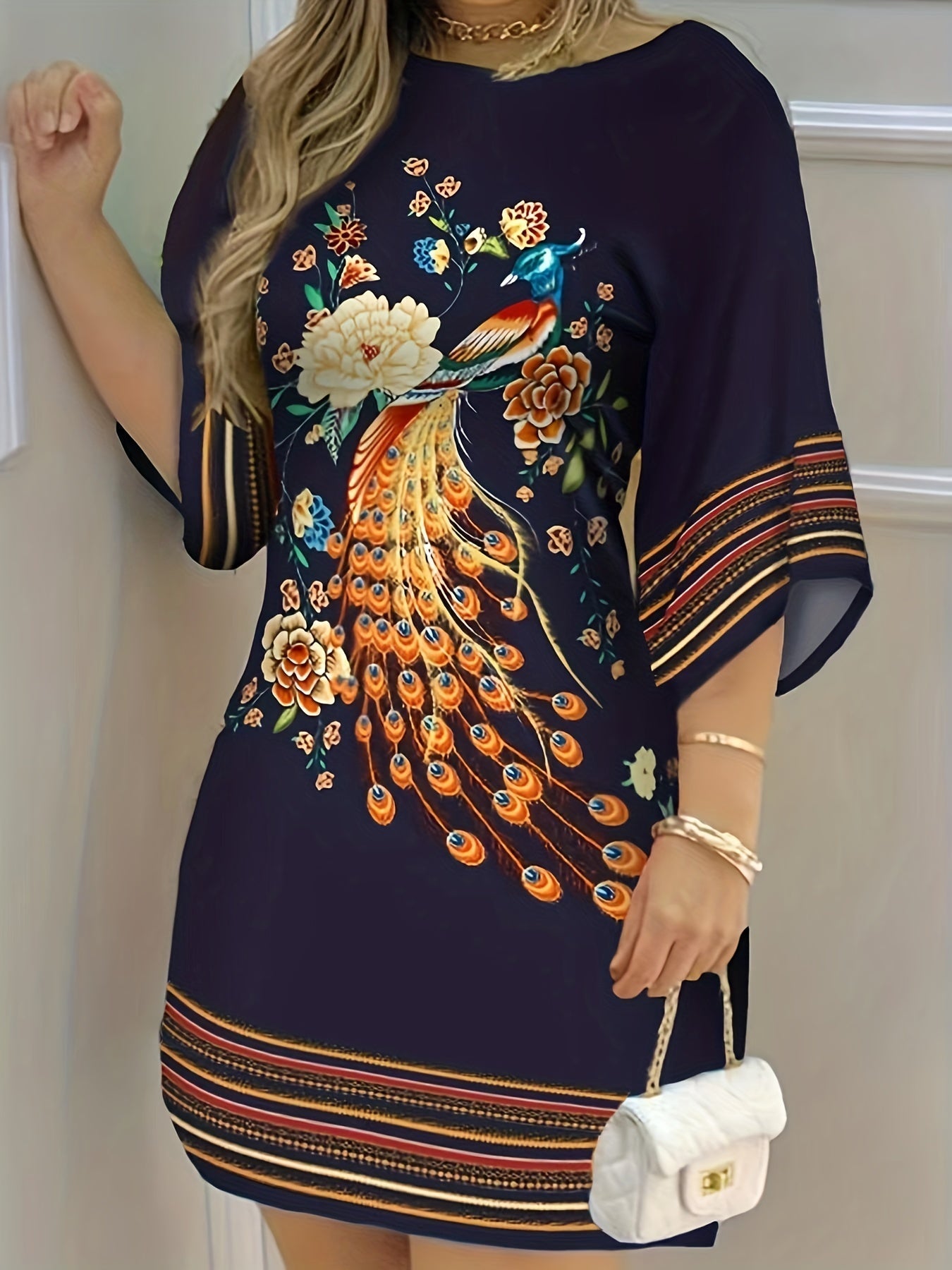 Peacock Blumenprint Kleid Damen – Boho Halbarm, Frühling & Sommer