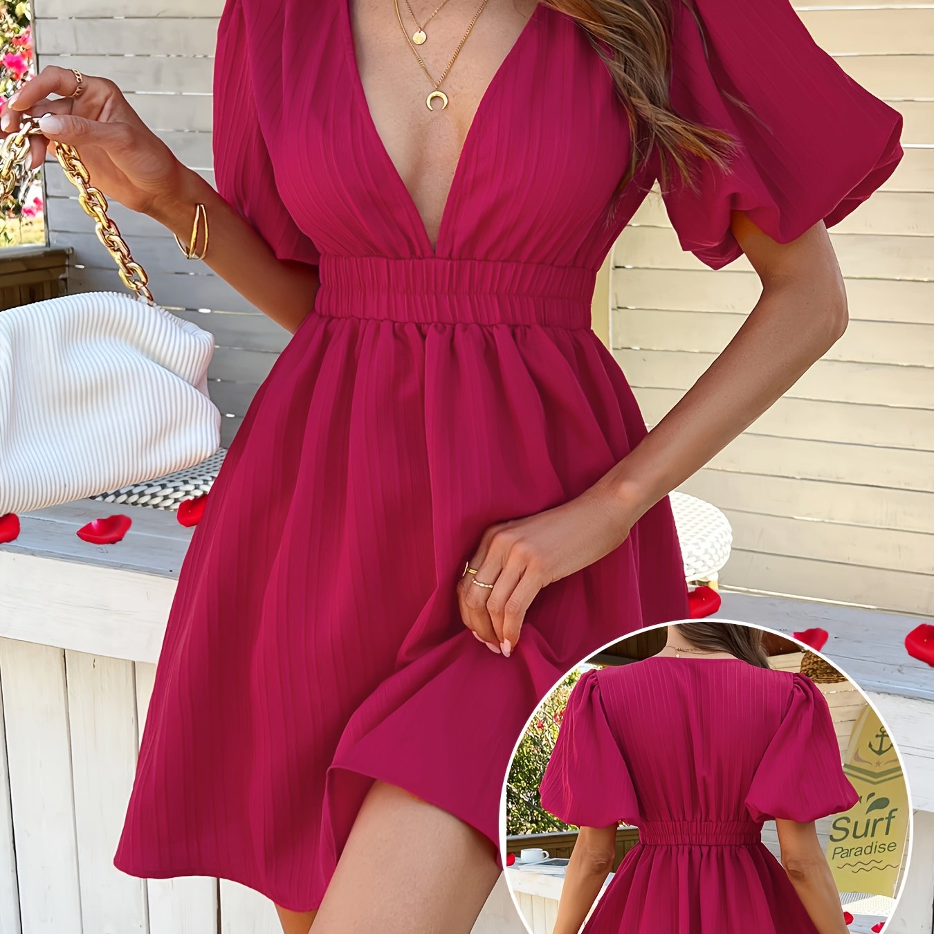 Sommerkleid mit V-Ausschnitt, Puffärmeln und Gürtel