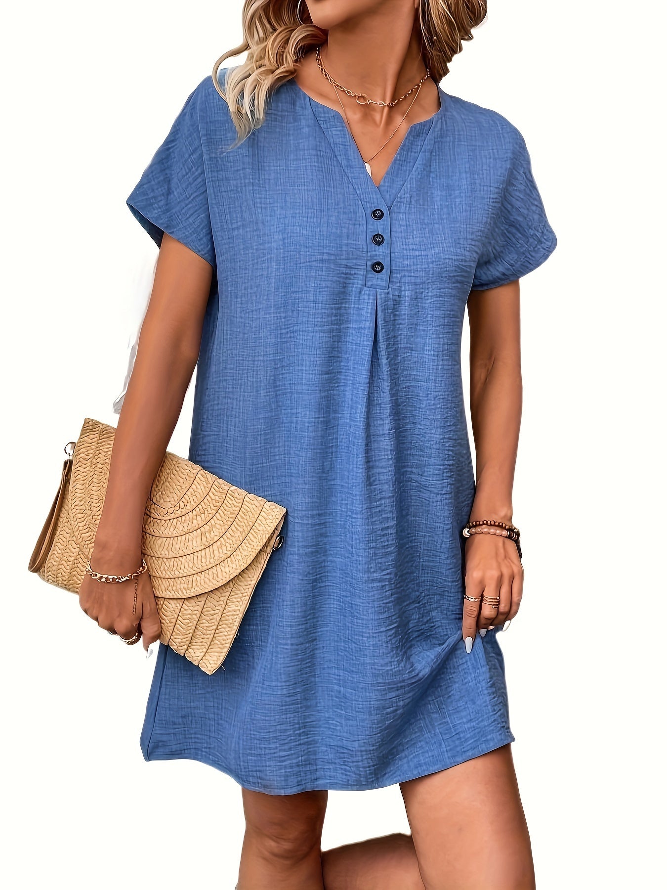 Blaues Damenkleid mit V-Ausschnitt und Fledermausärmeln – Polyester, maschinenwaschbar