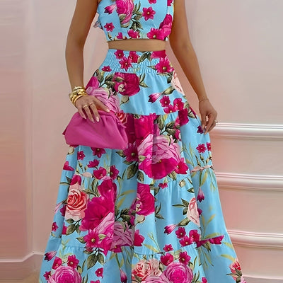 Zweiteiliges Set: Kurzes Oberteil mit Rüsche und ausgestellter Rock - Summer Holiday Style