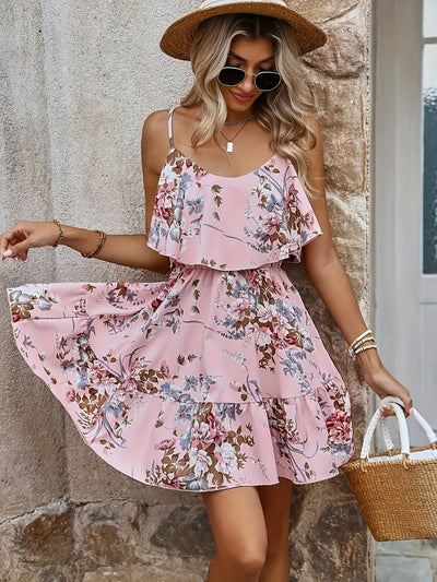 Spanisches rosa geblümtes Sommerminikleid mit Volants