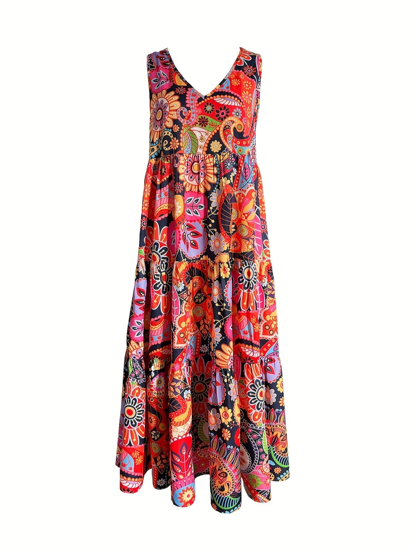 Orange Rotes Allover Print Rüschenkleid mit V-Ausschnitt, Ärmellos