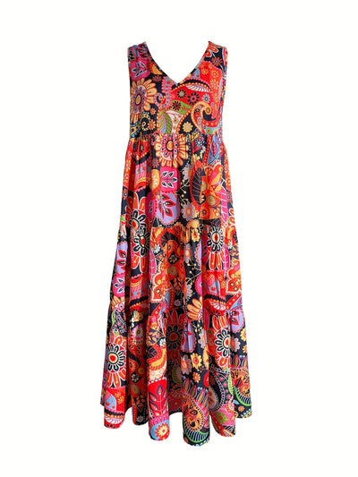 Orange Rotes Allover Print Rüschenkleid mit V-Ausschnitt, Ärmellos