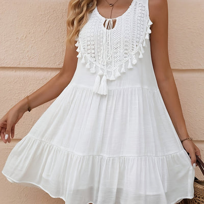 Sommerkleid mit Spitze und Fransen - Weiß, ärmelloser V-Ausschnitt