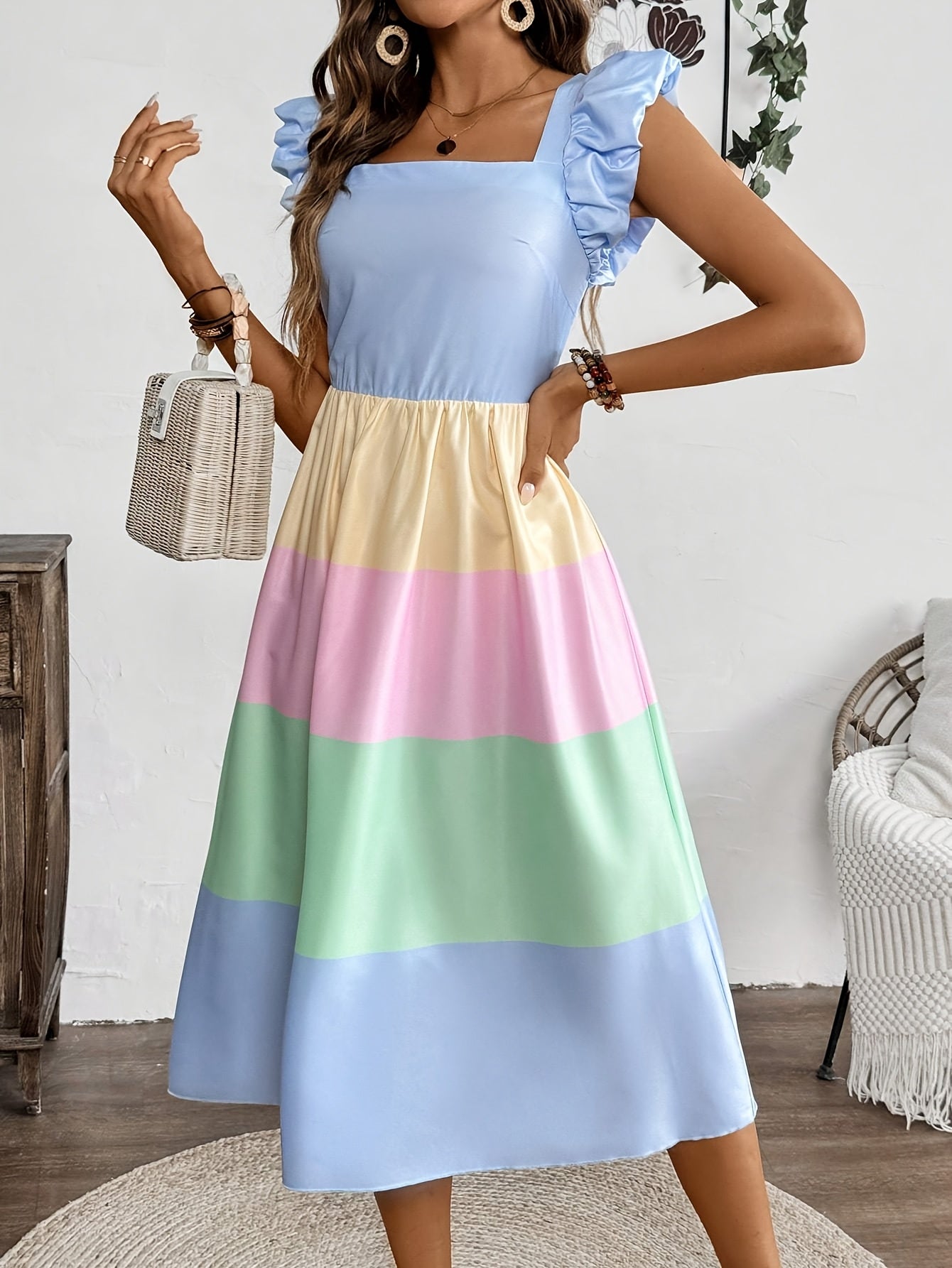 Gestreiftes Damenkleid Quadratischer Ausschnitt, Puffärmel Blau