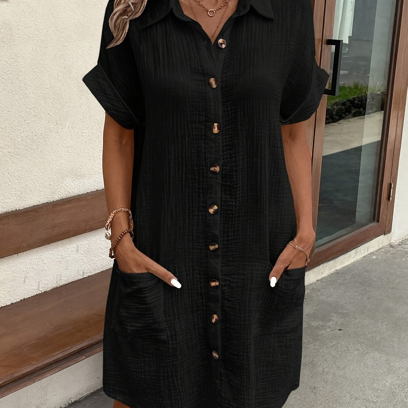 Kleid Tunika mit Kragen und Taschen, aus Polyester Leichte Damenbekleidung