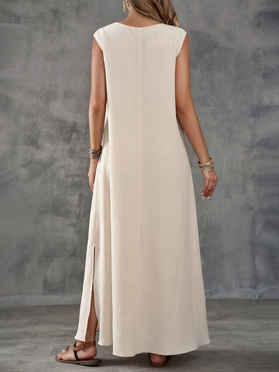 Ärmelloses Damenkleid mit V-Ausschnitt und seitlichem Schlitz