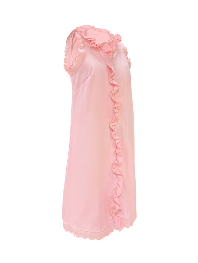 Ärmelloses Sommerkleid aus eleganter rosa-weißer Spitze und Plissee