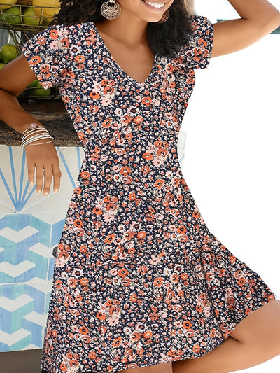 Florales Damenkleid mit frechem Ausschnitt und gegürtetem Petticoat - Multicolour