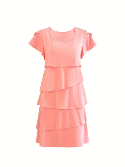 Rosa Damenkleid mit Rüschen, Kurzarm – Lässig für den Sommer