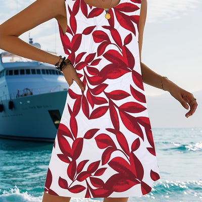 Elegantes rotes ärmelloses Sommerkleid mit Blumenmuster