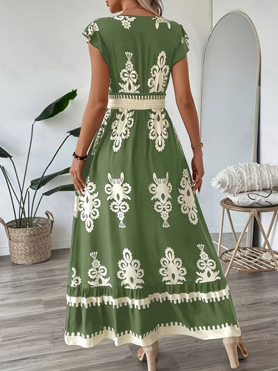 Dunkelblaues Blumenkleid mit V-Ausschnitt und Rüschen