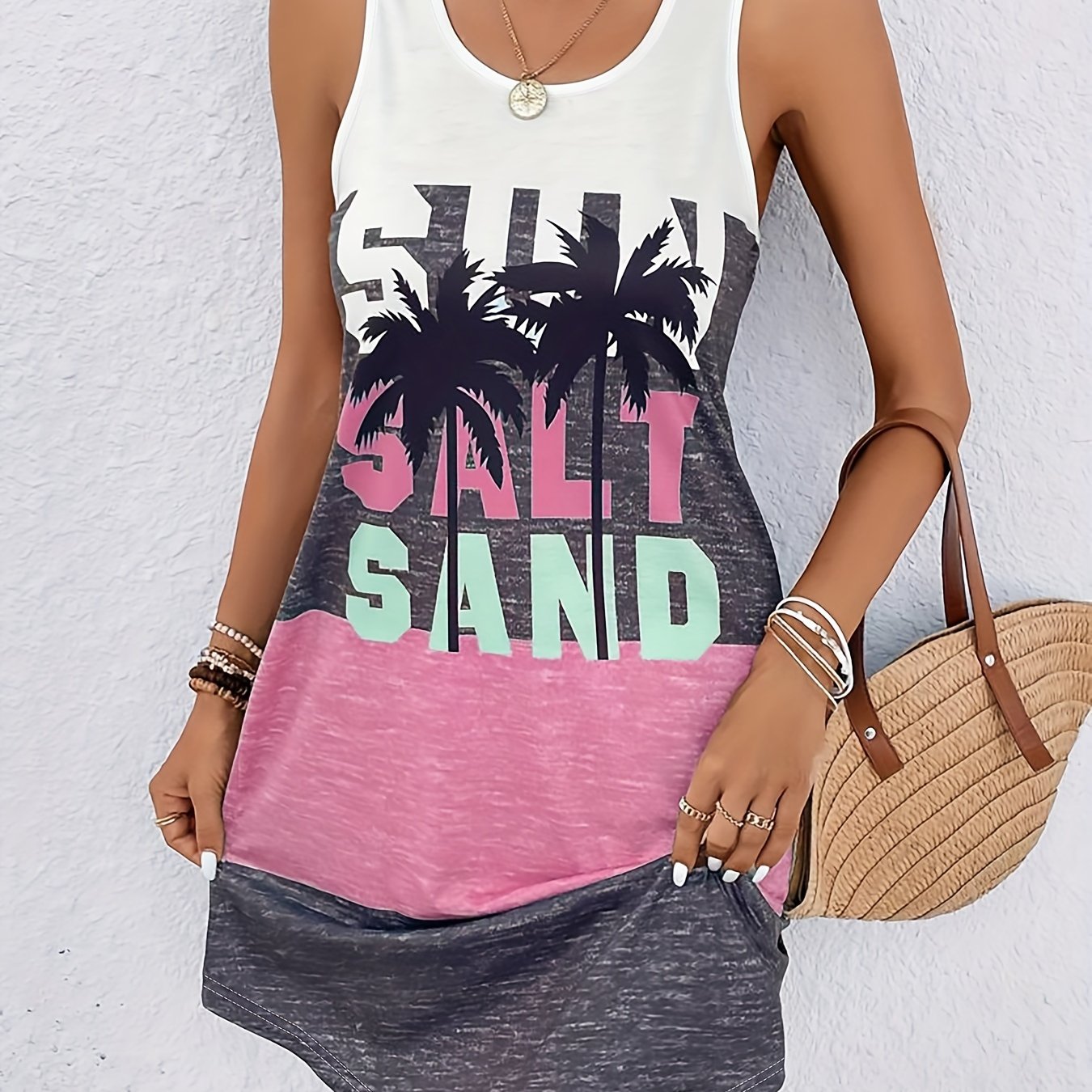 Ärmelloses Sommerkleid mit Palmenprint und Schriftzug