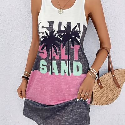 Ärmelloses Sommerkleid mit Palmenprint und Schriftzug