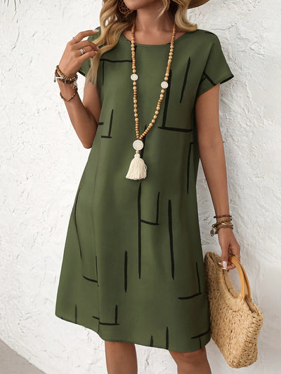 Midi-Kleid mit kurzen Ärmeln und Linienmuster – Grün