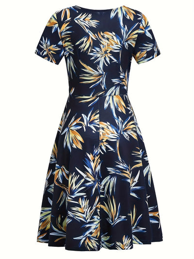 Elegantes Midikleid mit tropischem Blätterprint – V-Ausschnitt, kurze Ärmel