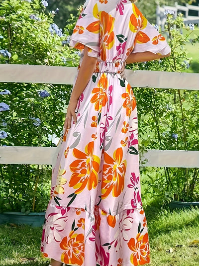 Langes Damen-Blumenkleid mit Rüschen - Multicolour