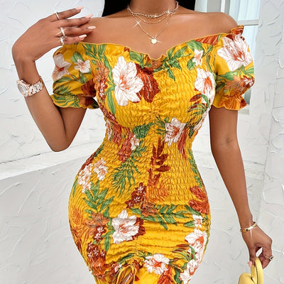 Gelbes, schulterfreies Bodycon-Sommerkleid mit Blumenmuster