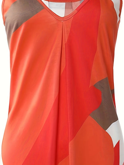 Midi-Kleid mit abstraktem Muster, orangefarben, Casual, mit V-Ausschnitt