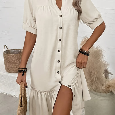 Beige Kleid mit Knöpfen Freizeitkleid mit Rüsche Polyester