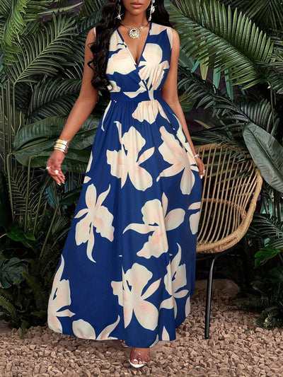 Elegantes Blaues Florales Maxikleid mit Ausschnitt für Frauen