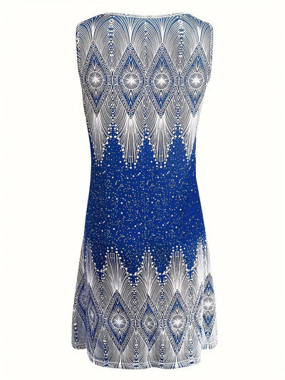 Elegantes ärmelloses Damenkleid mit S-Ausschnitt und geometrischem Muster