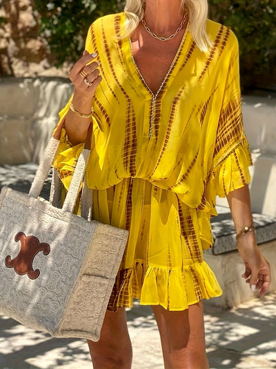 Gelbes Sommer-Minikleid mit Rüschen und Fledermausärmeln