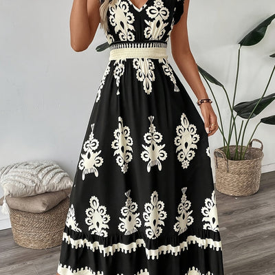 Dunkelblaues Blumenkleid mit V-Ausschnitt und Rüschen