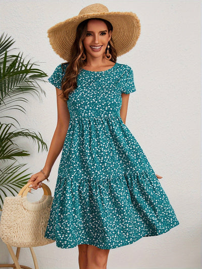Leichtes Vintage-Kleid – Blumendruck, Kurzarm, Rundhalsausschnitt, feminines Sommerkleid
