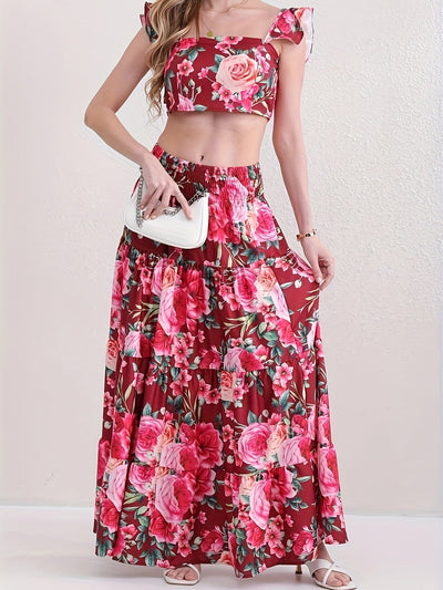 Zweiteiliges Set: Kurzes Oberteil mit Rüsche und ausgestellter Rock - Summer Holiday Style